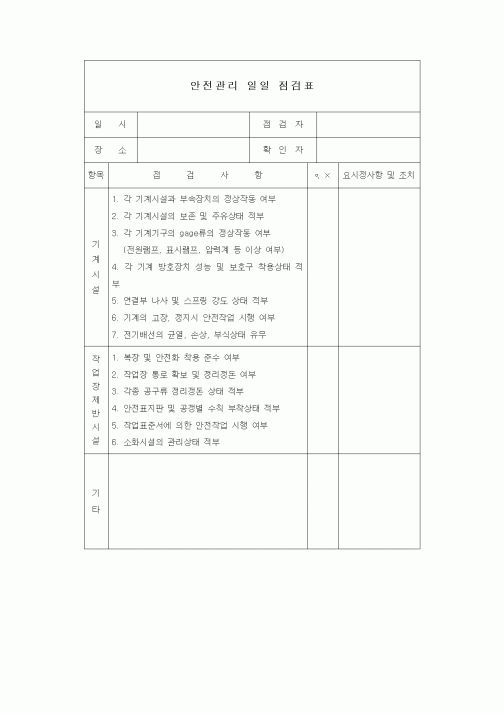 (제조/생산)안전관리 일일점검표