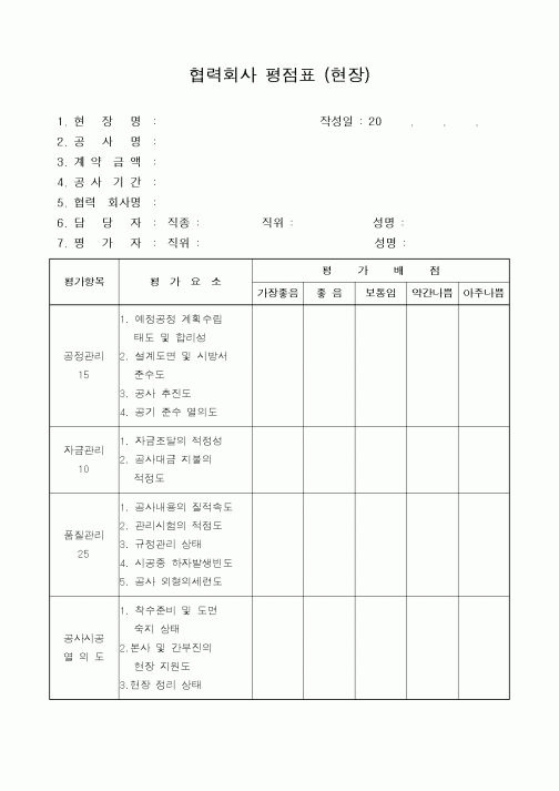 (기타건설)협력회사 평점표 (현장)