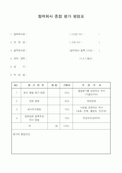(기타건설)협력회사 종합 평가 평점표