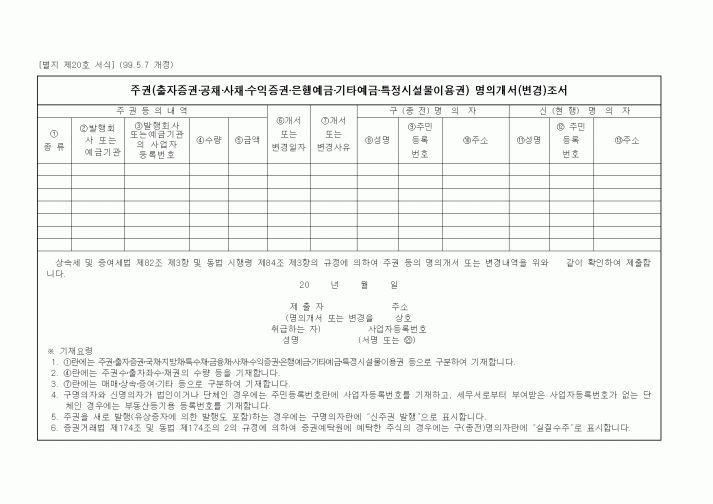 (세무/회계)주권 명의개서(변경)조서