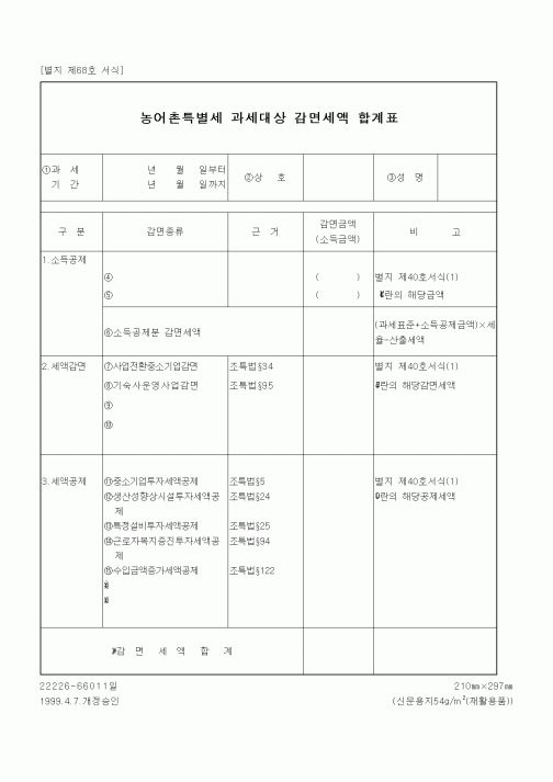 (세무/회계)농어촌특별세 과세대상 감면세액 합계표