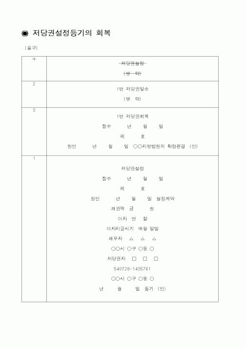 (법규/규정)기재례(저당권설정등기의 회복)