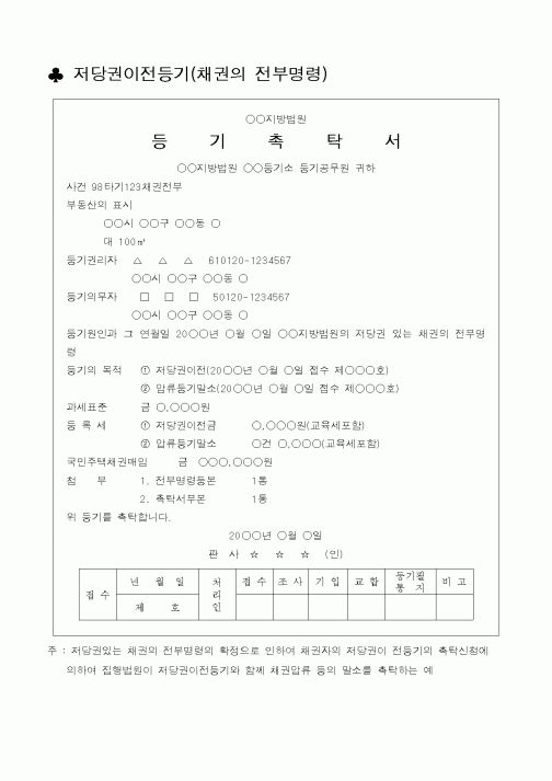 (채권/채무)저당권이전등기(채권의 전부명령)