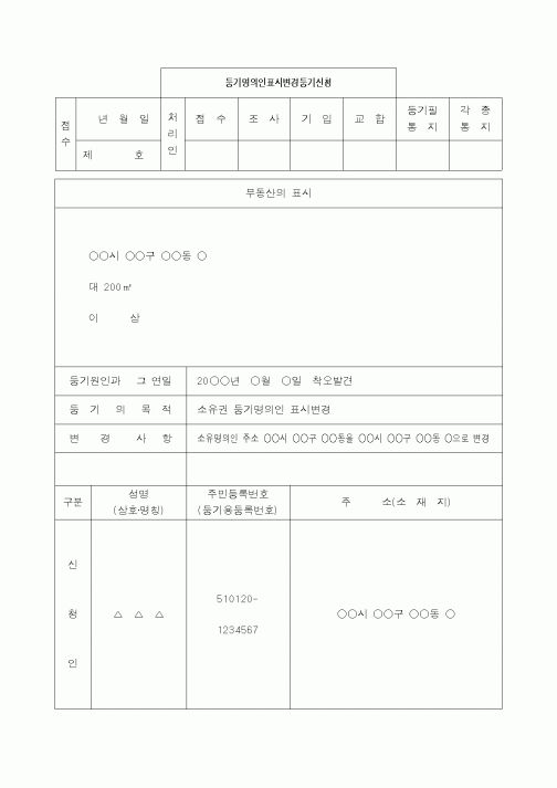 (생활민원)등기명의인표시변경등기(착오발견)신청서