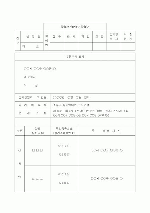(생활민원)등기명의인표시변경등기(저당권)신청서