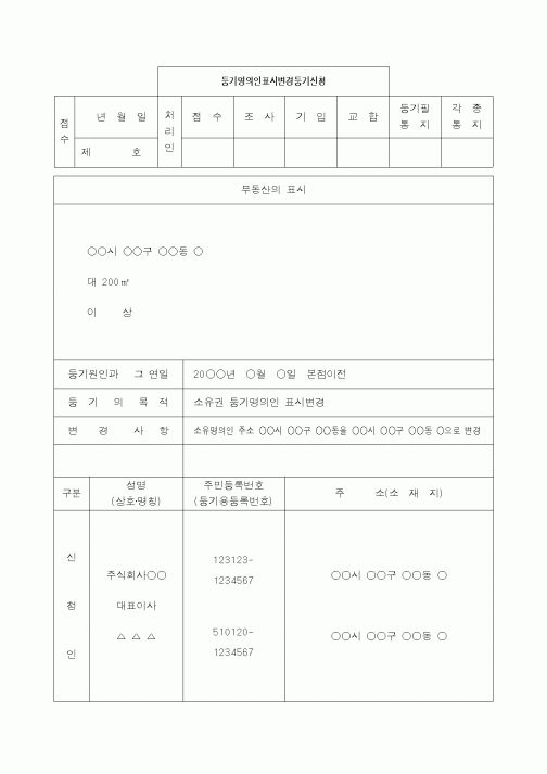 (생활민원)등기명의인표시변경등기(본점이전)신청서
