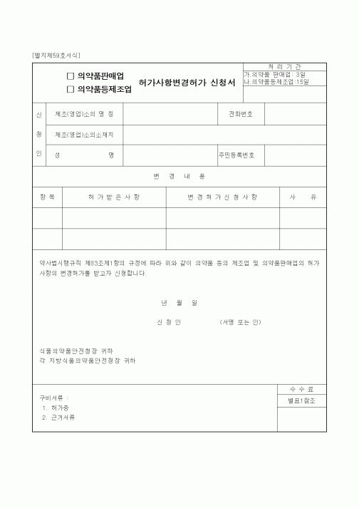 (식양청)의약품판매업(제조업) 허가사항변경허가 신청서