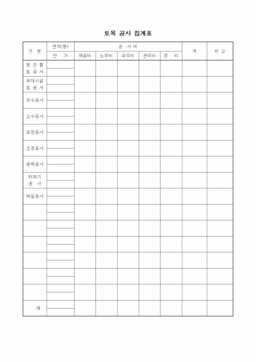 (공사예산/실행)토목 공사 집계표