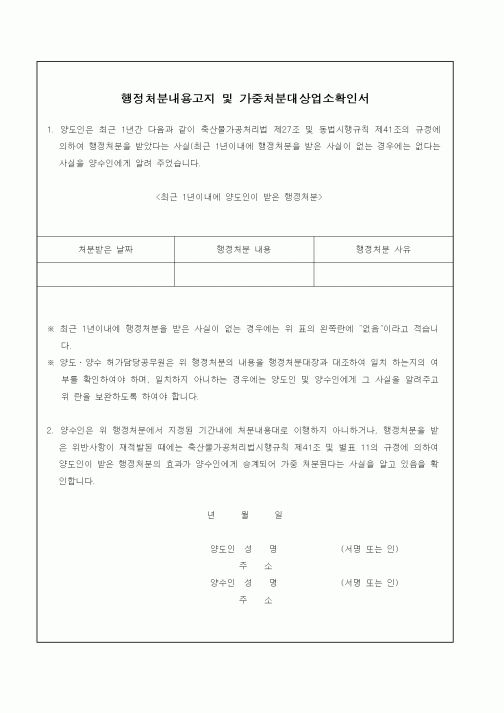 (생활민원)행정처분내용고지 및 가중처분대상업소확인서