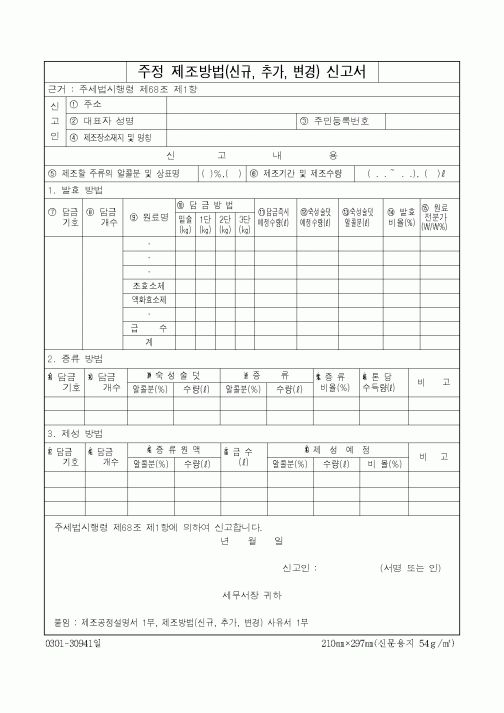 (제조/생산)주정 제조방법(신규, 추가, 변경) 신고서