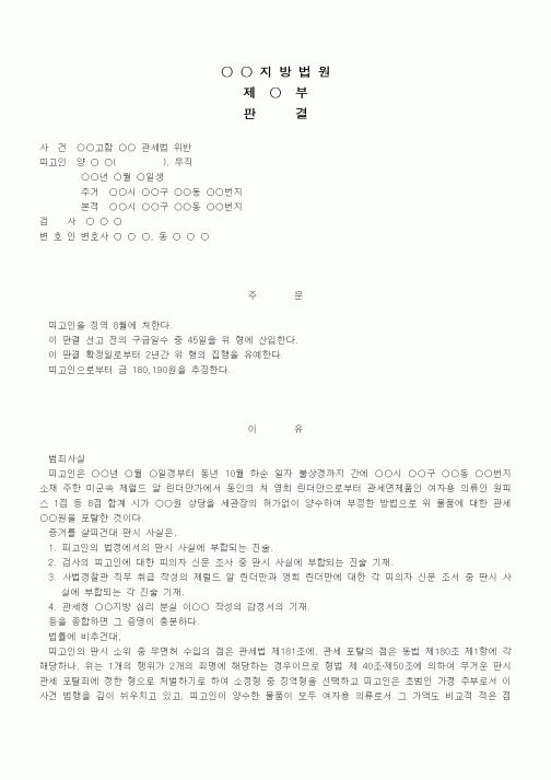 (형사소송)판결문(관세법 위반 집행유예)