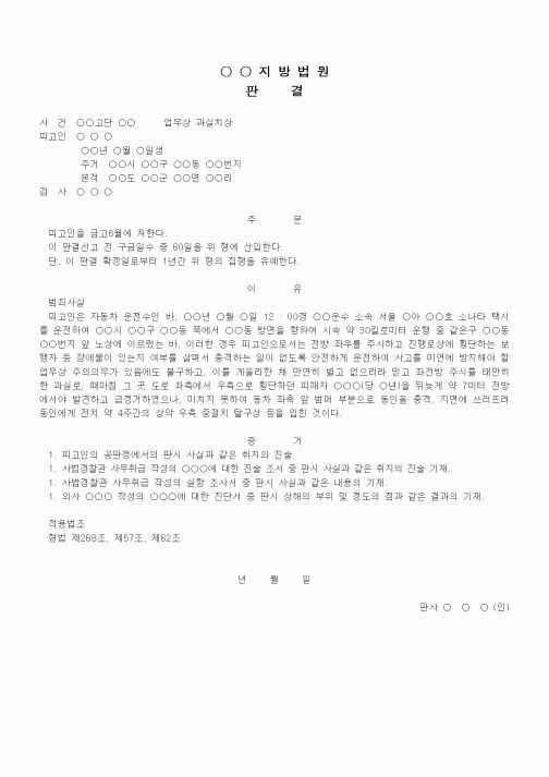 (형사소송)판결문(업무상 과실치상 집행유예)