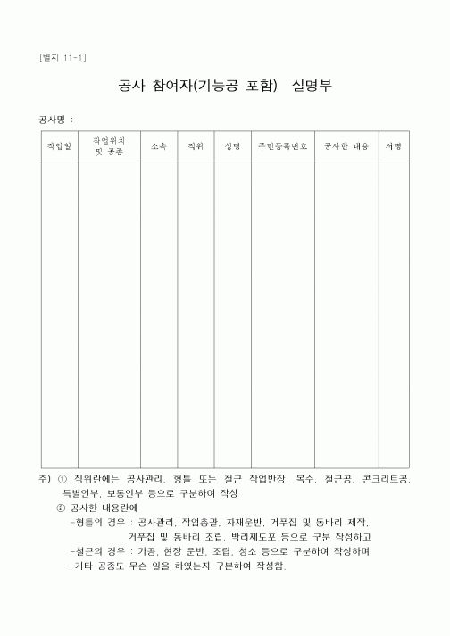 (감리업무)공사 참여자(기능공 포함)실명부