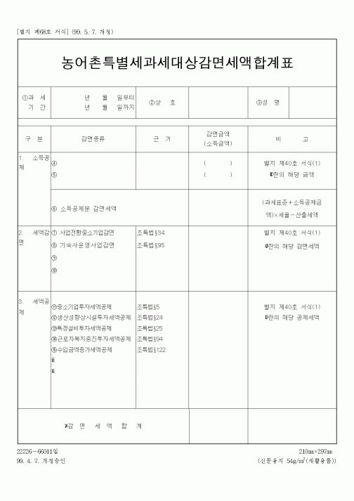 (농림부)농어촌특별세 과세대상 감면세액 합계표