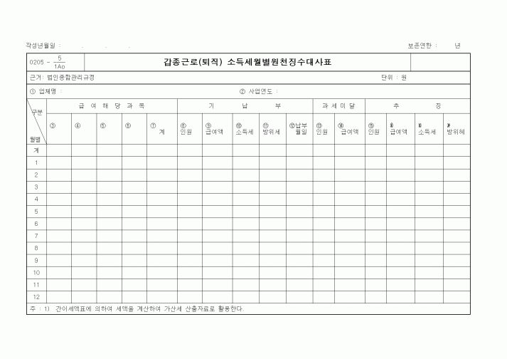 (세무/회계)갑종근로(퇴직)소득세월별원천징수대사표
