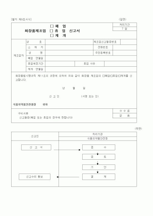 (식양청)화장품제조업 폐업, 휴업, 재개 신고서