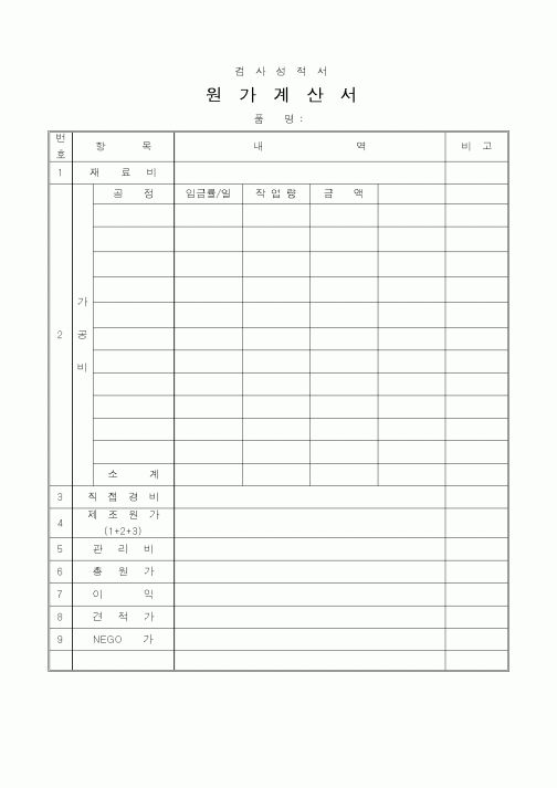 (구매/외주서식)검사성적서 원가계산서