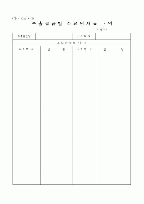 (관세청)수출물품별소요원재료내역