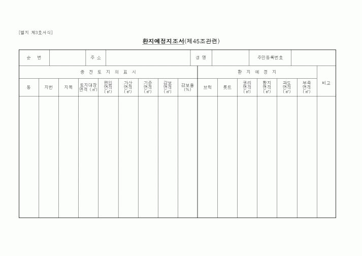 (기타건설)환지예정지조서(제45조관련)