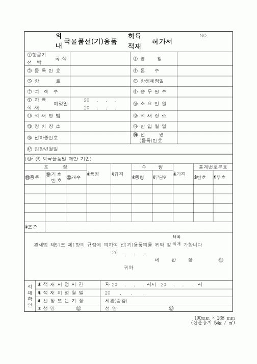 (관세청)외. 내, 국물품선(기)용품 하륙, 적재 허가서