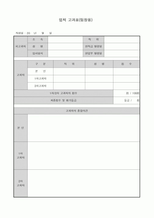 (인사/노무)업적 고과표(팀장용)