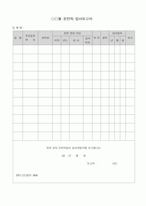 (인사/노무)운전자 입사 보고서(운수업)