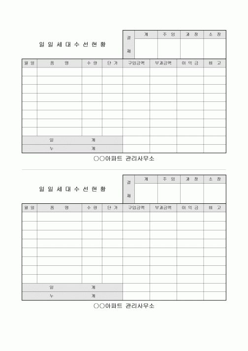 일일 세대 수선 현황표(아파트)
