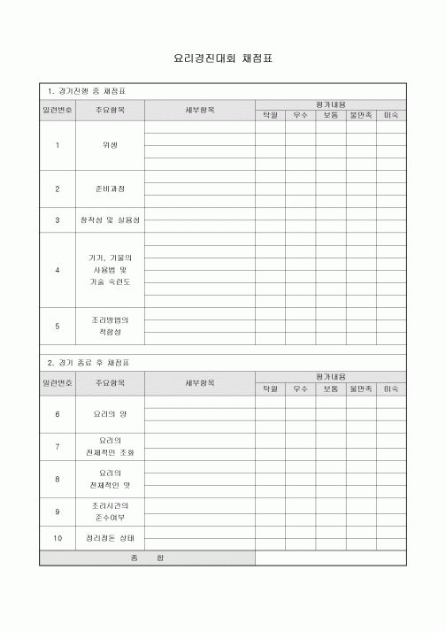 요리경진대회 채점표