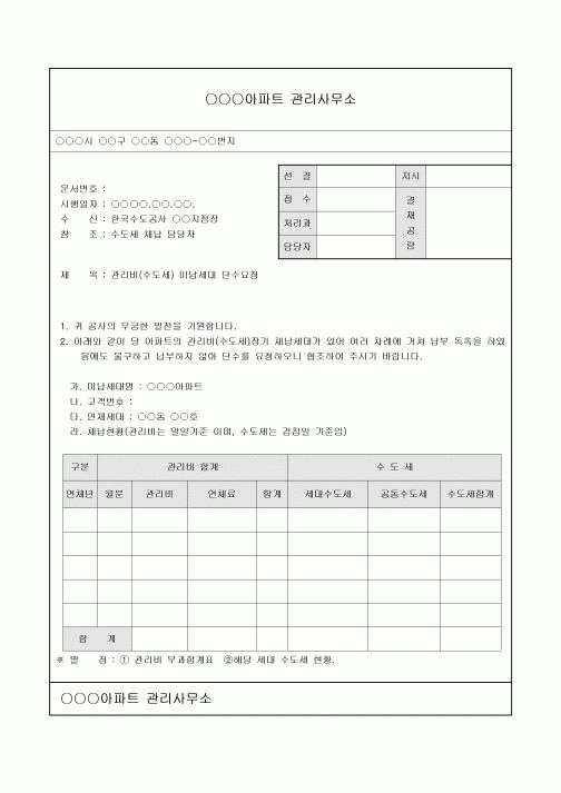 아파트관리비미납세대단수요청