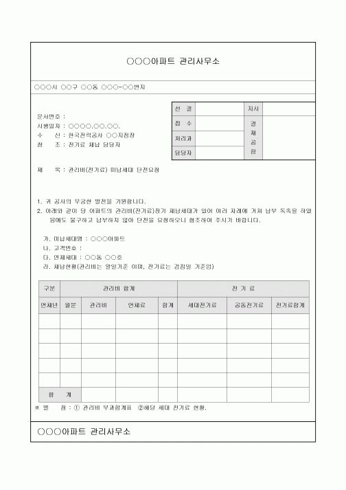 아파트관리비미납세대단전요청