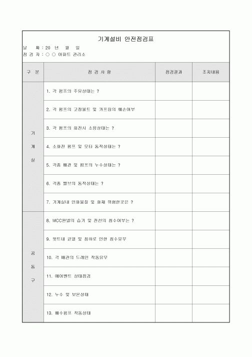 아파트안전점검표(기계설비)