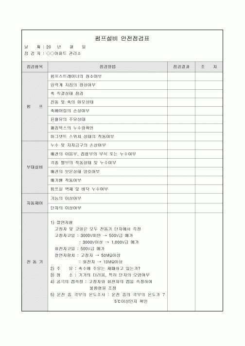 아파트안전점검표(펌프설비)