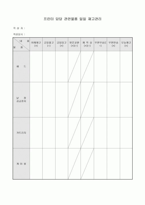 물품 일일 재고 관리표(프린터 담당 관련)