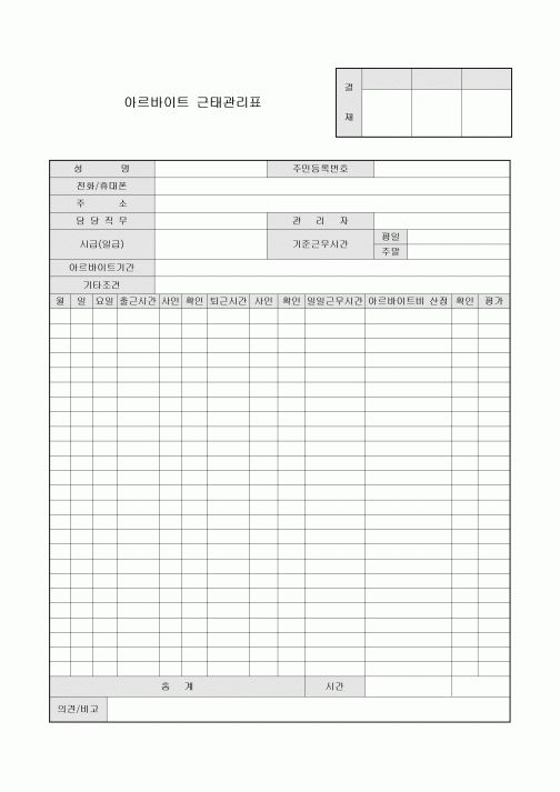 아르바이트 근태관리표