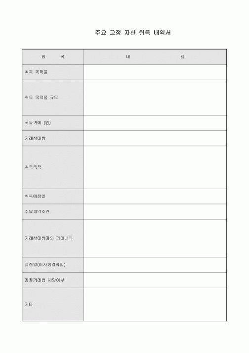주요 고정 자산 취득 내역서
