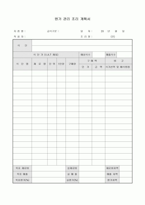 원가 관리계획서(조리)