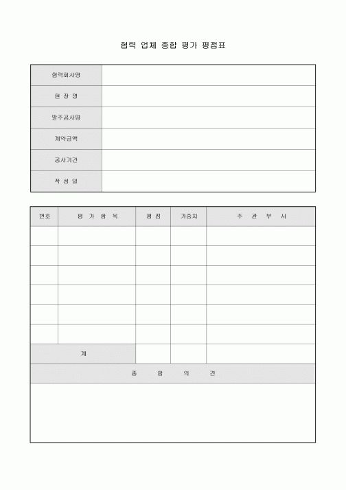 협력 업체 종합 평가 평점표