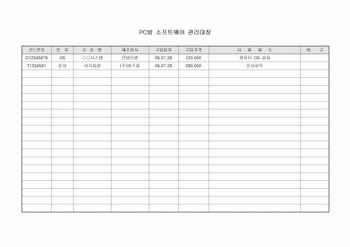 PC방 소프트웨어 관리대장(종류 구분)