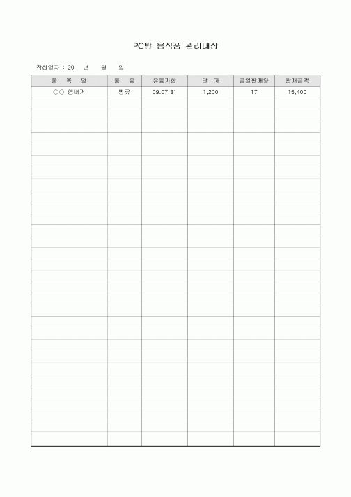 PC방 음식품 관리대장