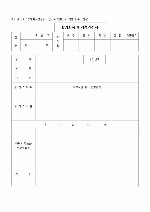 (등기)합명회사변경등기(전거로인한대표사원의주소변경)