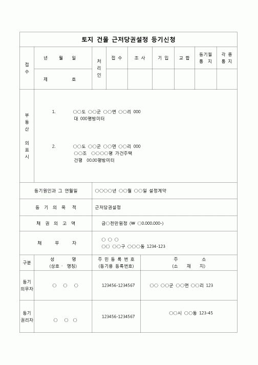 (부동산등기)토지건물근저당권설정 등기 신청서