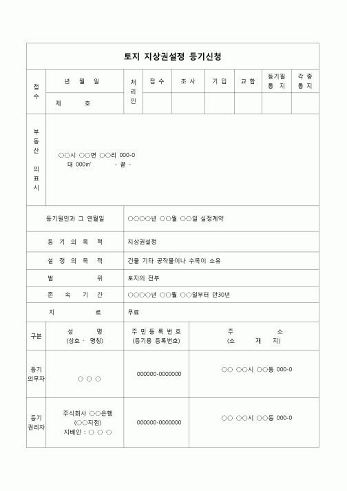 (부동산등기)토지상권설정 등기신청서(설정계약)