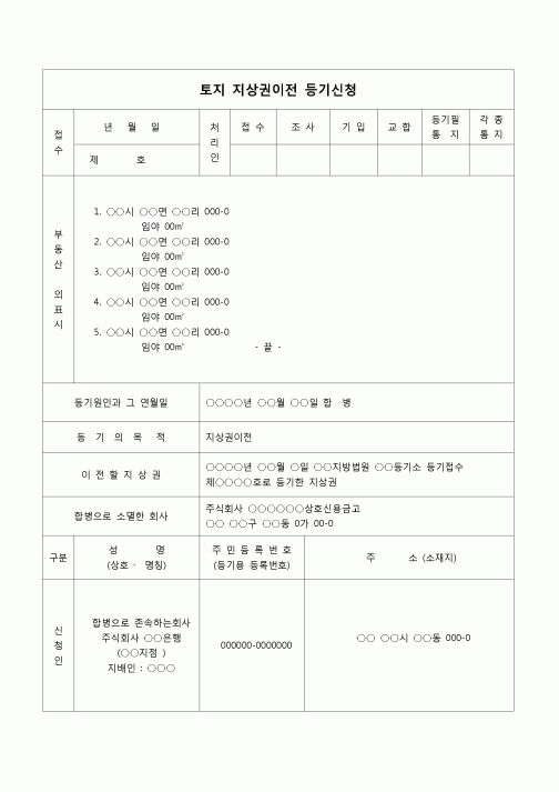 (부동산등기)토지지상권이전 등기신청서(합병)